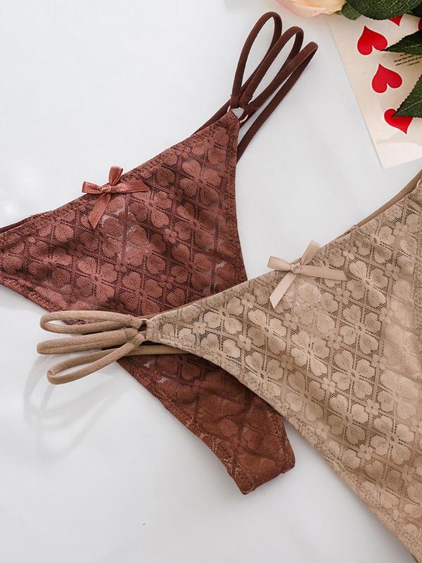 Women's Contrast Lace Bow Decor Thong, Soft Comfy Breathable Drop Waist Panty for Daily Wear, Ladies Underwear for Summer